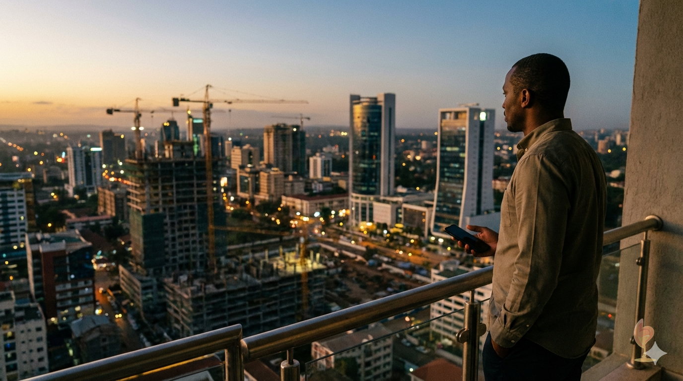 Un homme observe la skyline d'une ville africaine au crépuscule