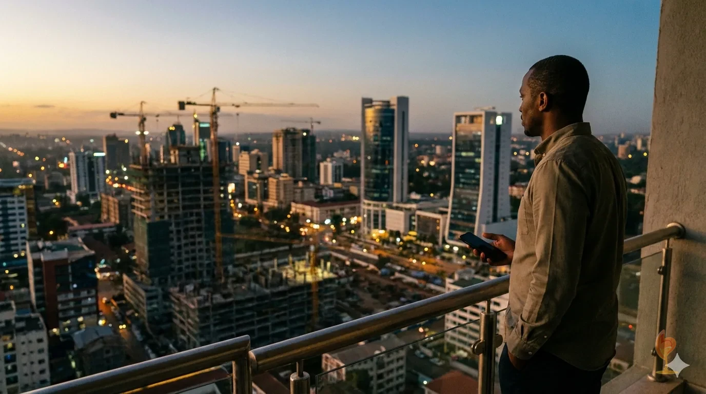 Un homme observe la skyline d'une ville africaine au crépuscule