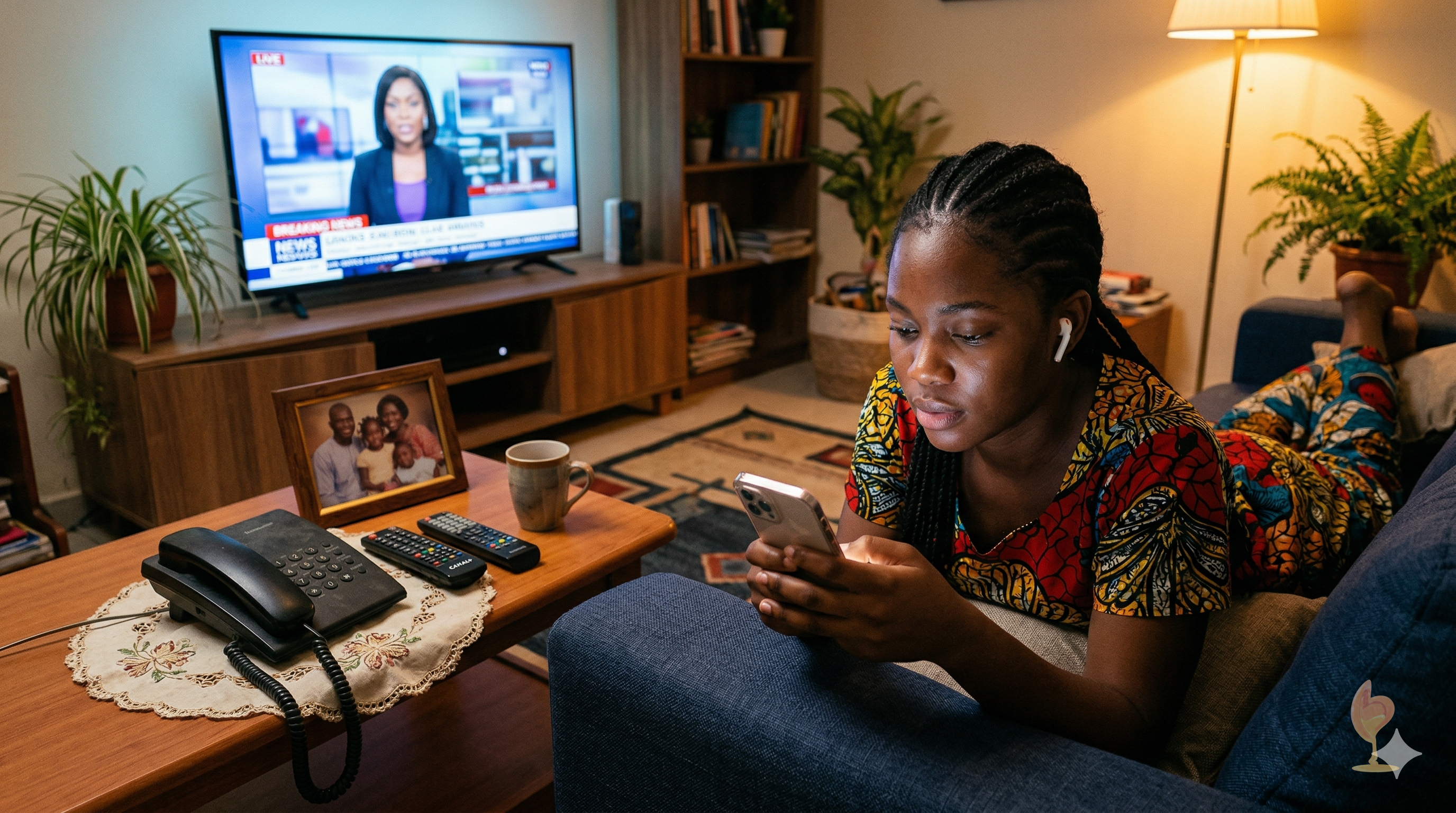 Une jeune femme sur son smartphone dans un salon où cohabitent téléphone fixe, télévision et mobile