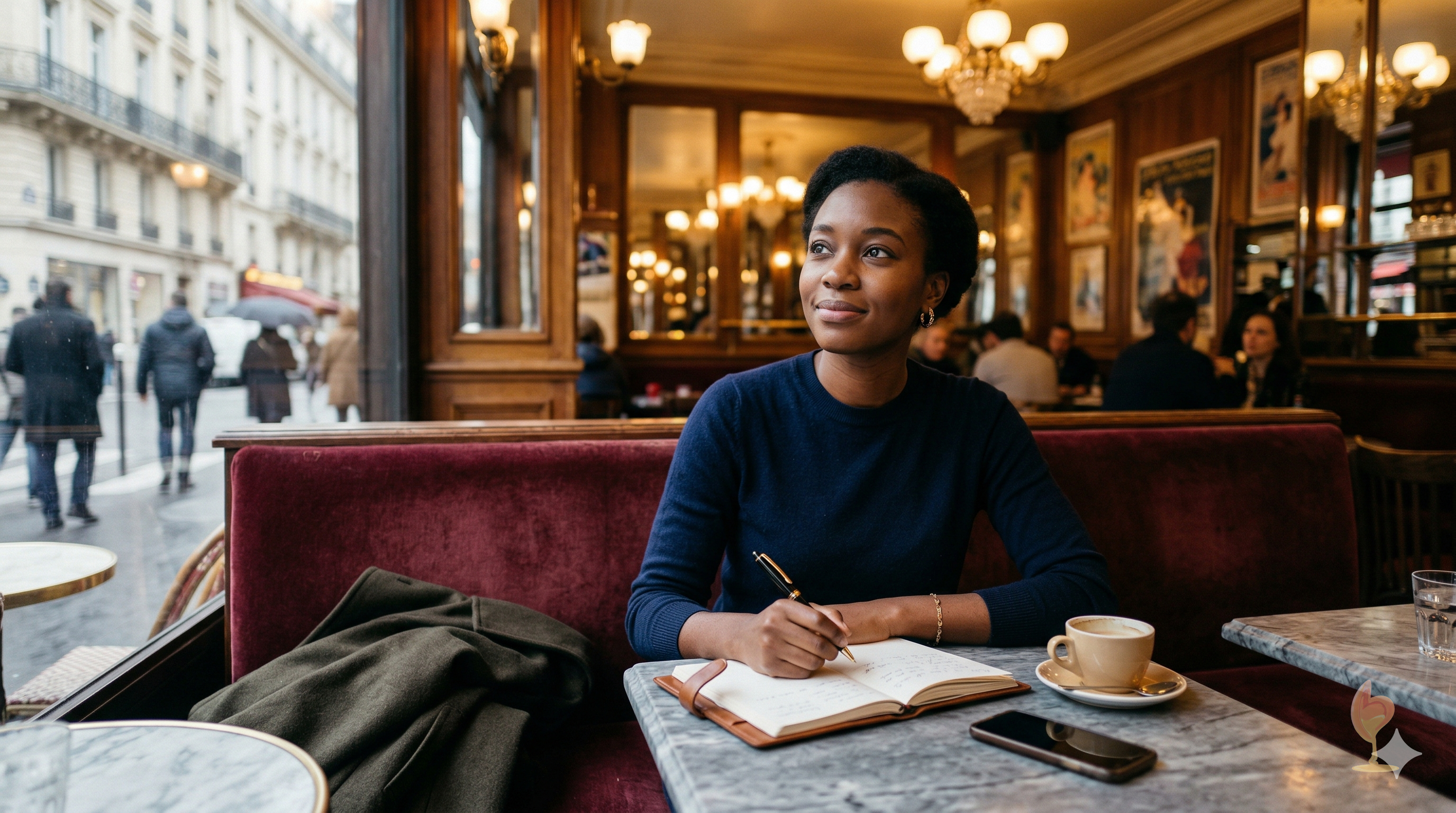 Une femme africaine écrit dans un cahier dans un café parisien
