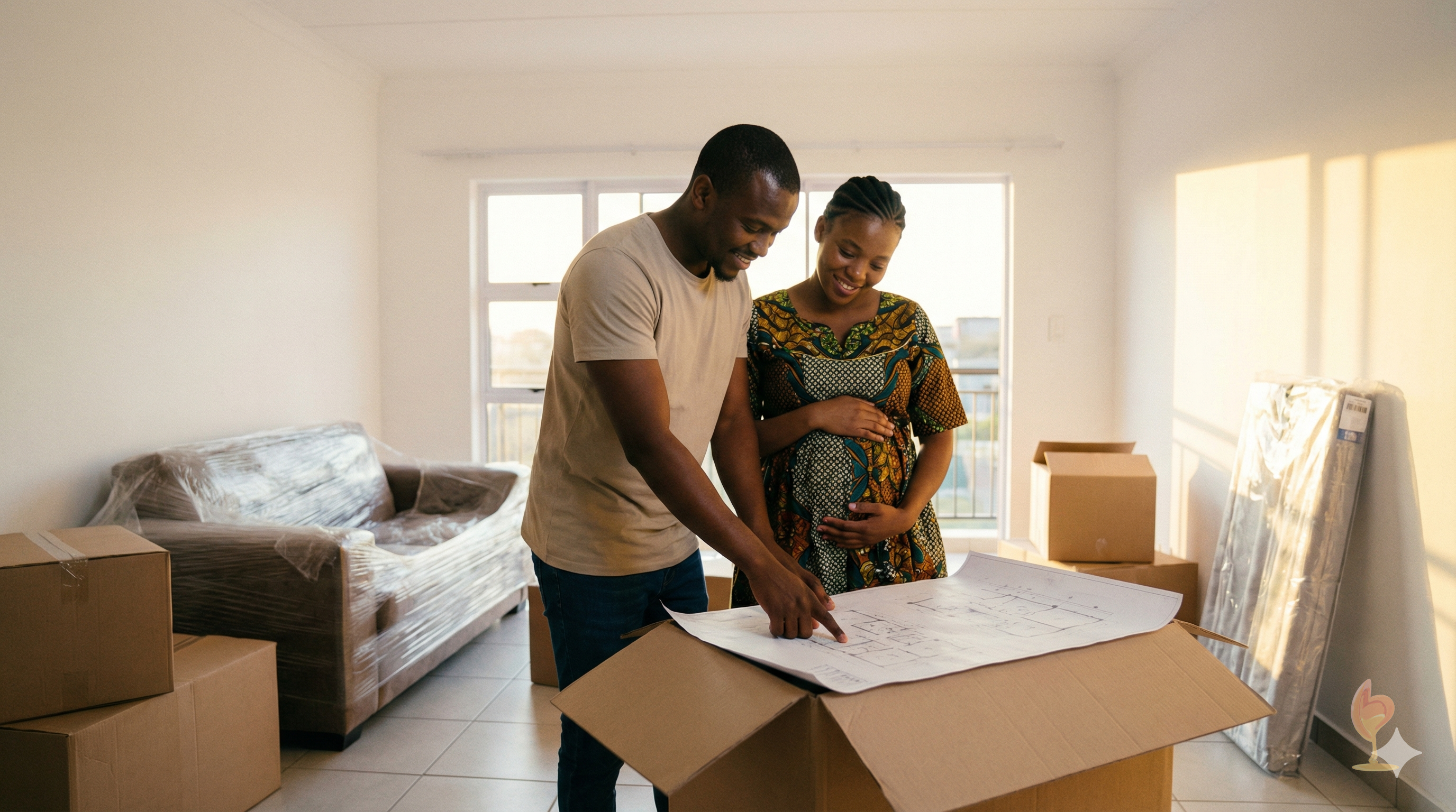 Un jeune couple dans leur nouvel appartement, penchés sur des plans posés sur un carton