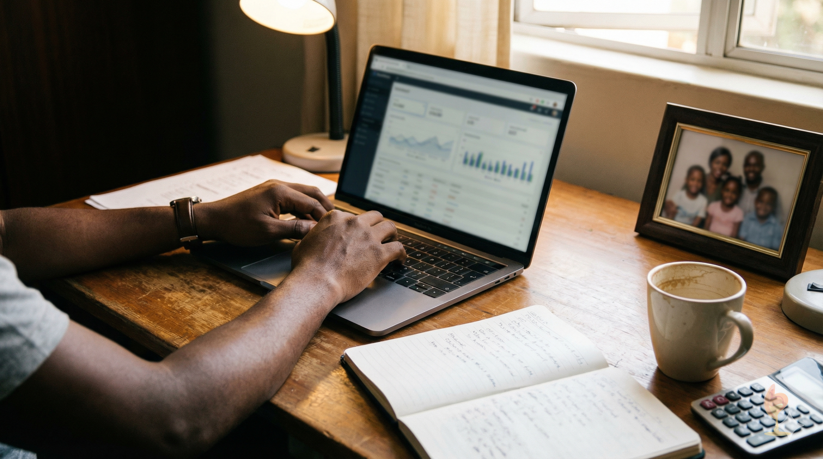Bureau de travail avec un ordinateur montrant des graphiques, un cahier et une photo de famille