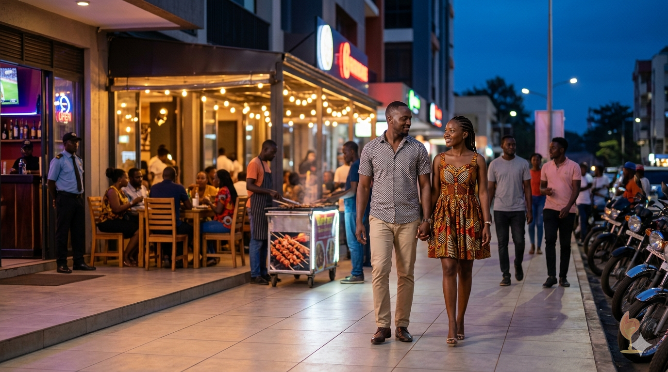 Un couple marche côte à côte dans un quartier animé en début de soirée